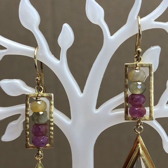 SATYA Sterling Silver Vermeil Gold Tone Agate Dangle Drop Hook Pierced Earrings - Picture 4 of 11
